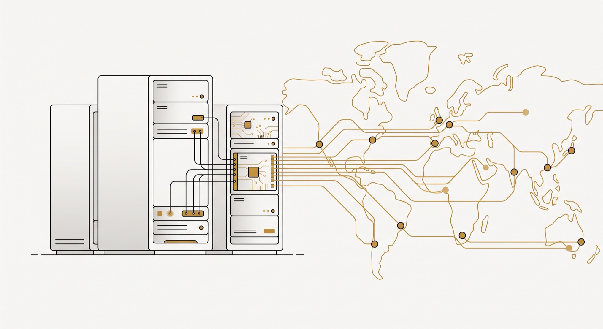 Line illustration of edge servers connecting to points across a world map
